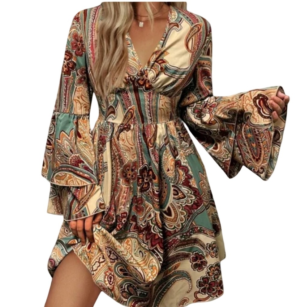 Paisley print long sleeve Dress -XL